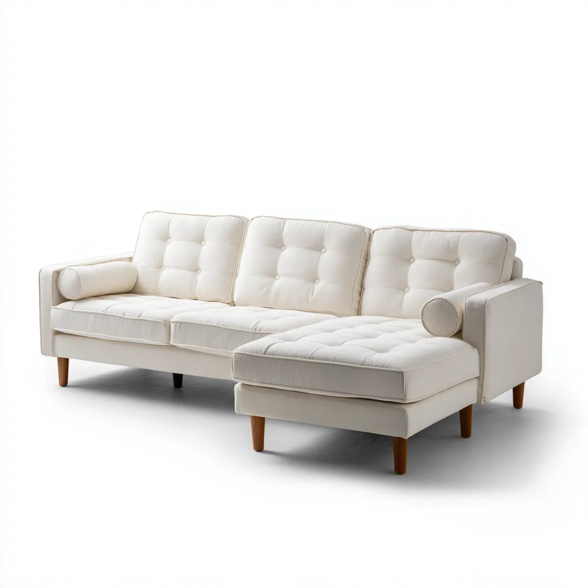Sofa, Kanapa narożna z kremem szezlongiem biały 250 x 160 x 85 cm poliestrowe drewno lite prostokątne