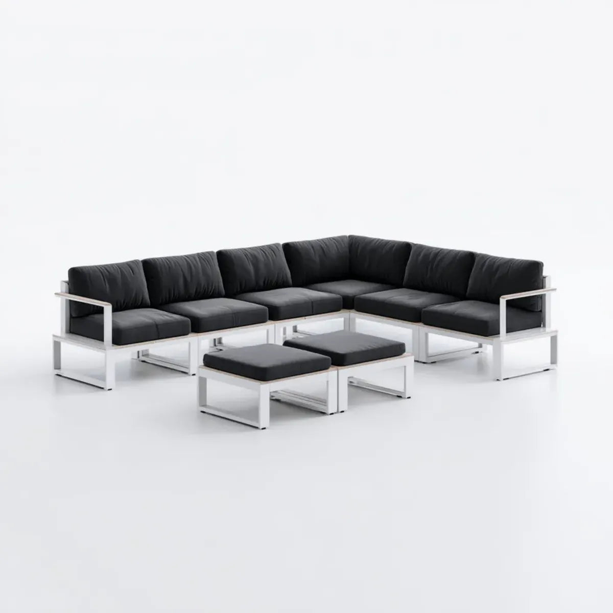 Sofa ogrodowa, Zestaw do barierki Taras U- kształt czarny biały z aluminiową ramą i poliestrową tapicerką 300 x 225 x 70 cm