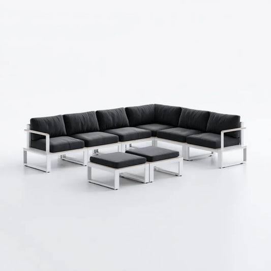 Sofa ogrodowa, Zestaw do barierki Taras U- kształt czarny biały z aluminiową ramą i poliestrową tapicerką 300 x 225 x 70 cm