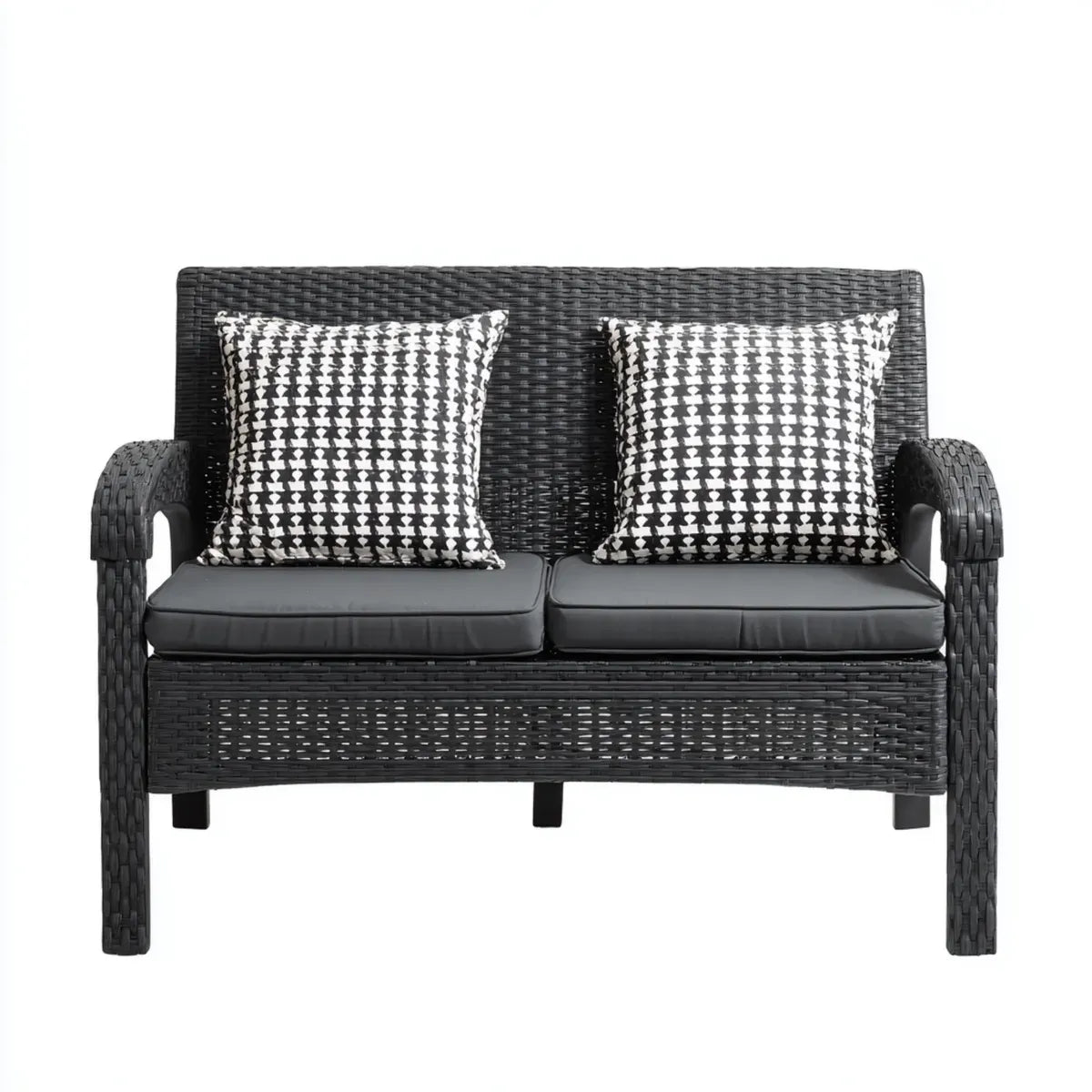 Sofa ogrodowa, Taras 2-osobowy sofa czarna z rattanu PE z poduszką poliestrową prostokątną 124 x 65 x 75 cm
