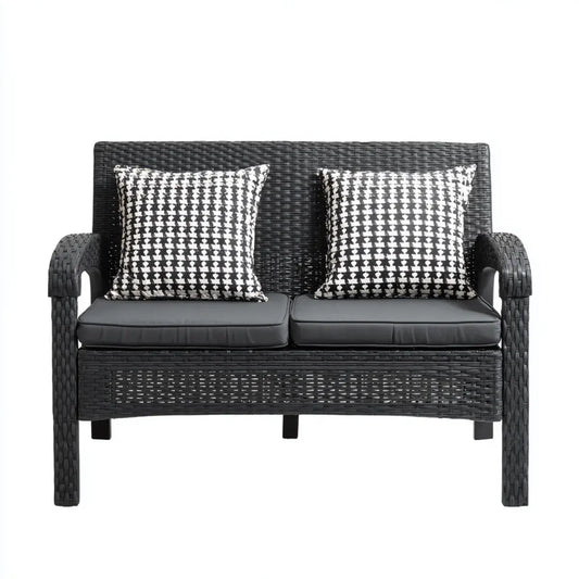 Sofa ogrodowa, Taras 2-osobowy sofa czarna z rattanu PE z poduszką poliestrową prostokątną 124 x 65 x 75 cm