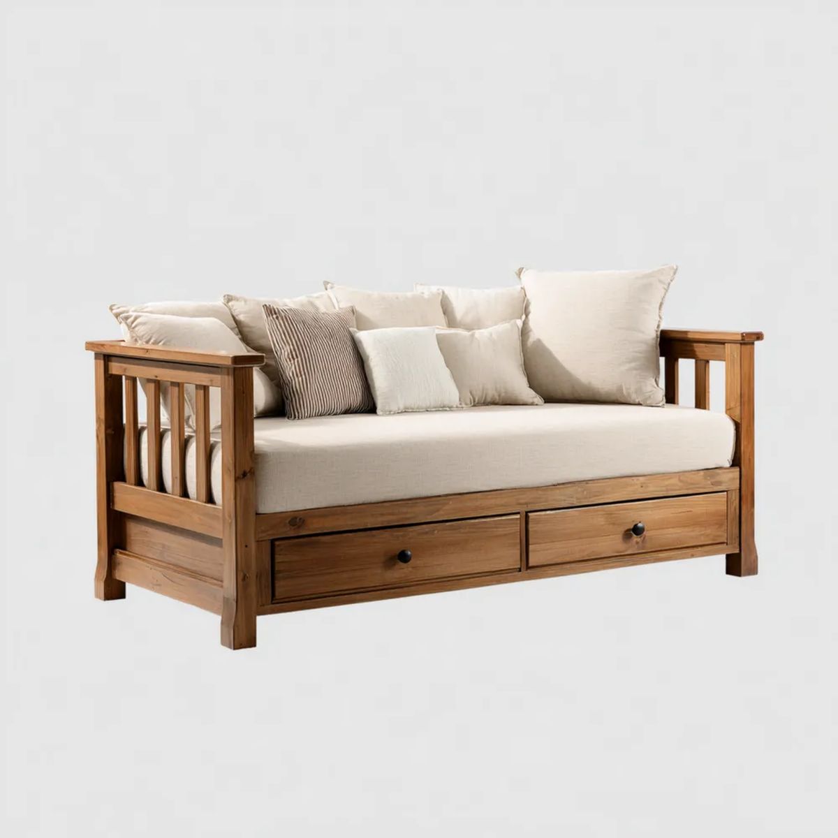 Łóżko dzienne, 2-osobowa sofa w dwukołdrówce z 2 szufladami, brązowa i ecru, 200 x 90 x 85 cm