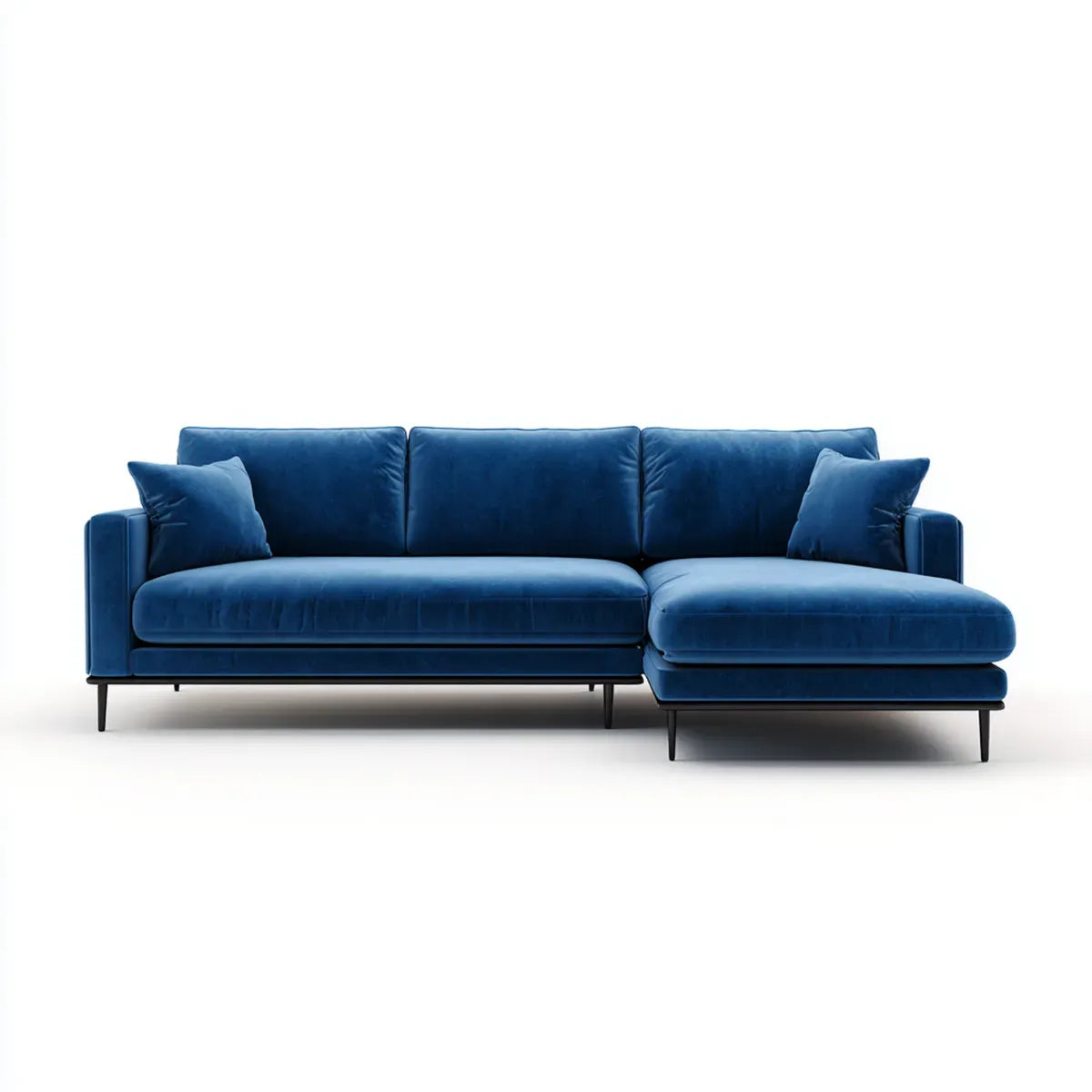 Sofa, Kanapa narożna z recyrem po prawej ciemnoniebieskiej 260 x 160 x 85 cm poliestrowego aksamitu w kształcie L