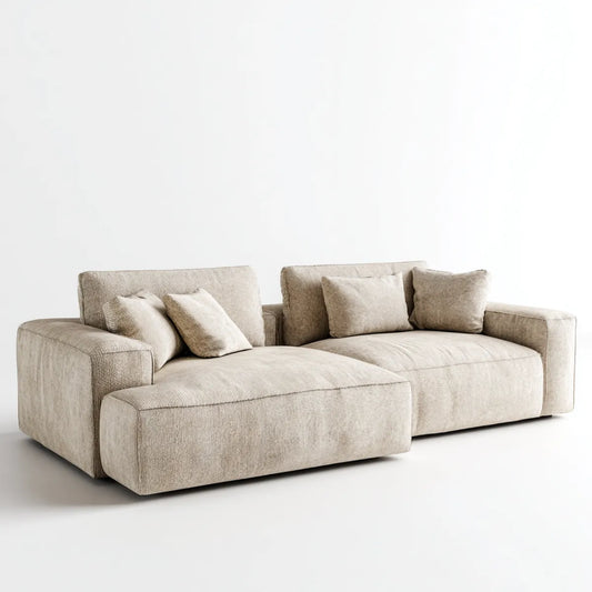 Sofa, Kanapa narożna z beżowym otomańskim 300 x 170 cm szeroka nić poliestrowa
