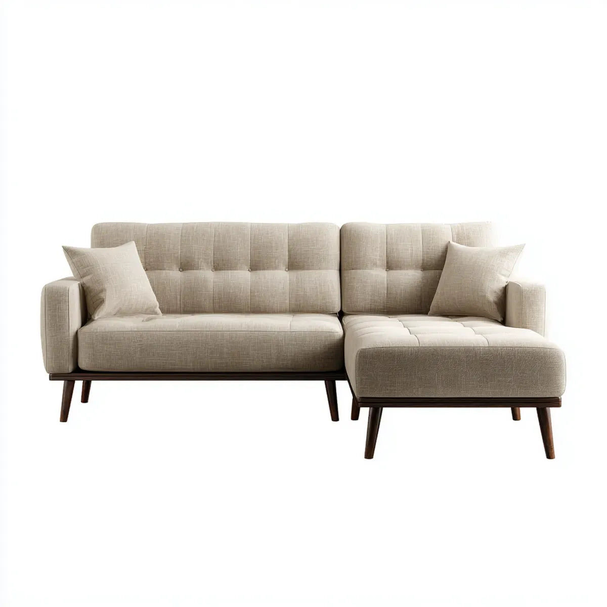 Sofa, narożna sofa 3-fotelik beżowy 230 x 150 x 85 cm z otomanową tapicerką poliestrową i litymi nóżkami z drewna kształt litery L