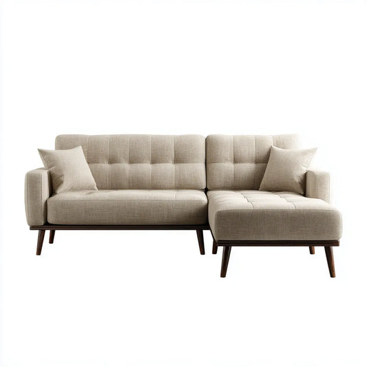 Sofa, narożna sofa 3-fotelik beżowy 230 x 150 x 85 cm z otomanową tapicerką poliestrową i litymi nóżkami z drewna kształt litery L
