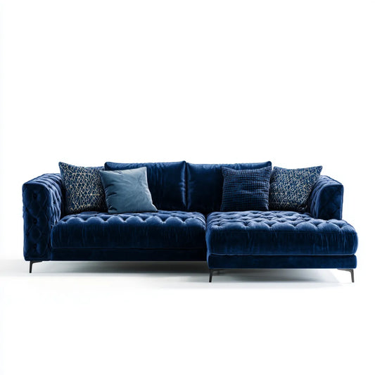 Sofa, 3-osobowa kanapa narożna z recyrkulatorem na prawym ciemnoniebieskim poliestrowym aksamicie L o kształcie 285 x 165 x 85 cm