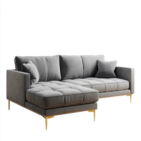 Sofa, Kanapa narożna z ottomanem w kolorze szarym 270 x 160 x 85 cm poliestrowy aksamit kształt litery L