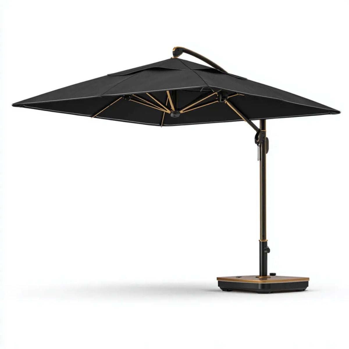 Parasol lub markiza ogrodowa, Czarny i brązowy kwadratowy wspornikowy parasol ogrodowy w poliestrze i stali 300 x 300 cm z stabilną podstawą