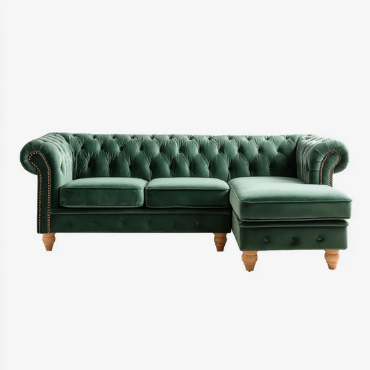 Sofa, Chesterfield narożna sofa z powrotem ciemnozielony 260 x 160 x 78 cm poliester aksamit stały sosnowy kształt L